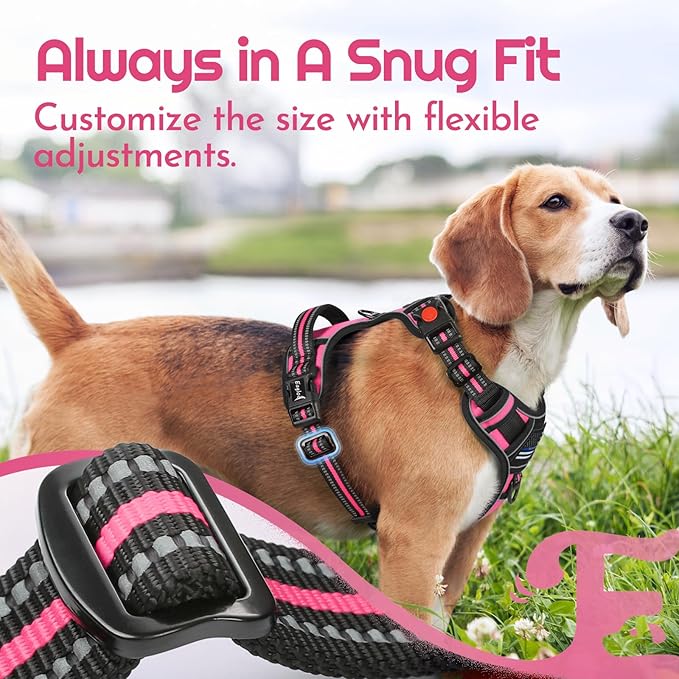 Eagloo Dog Harness for Large Dogs, Easy Wearing with 3 Buckles, Adjustable No Pull Pet Harness with 2 Rings for Walking, No Chock Reflective Soft Padded Vest with Control Handle, Pink & Black, L