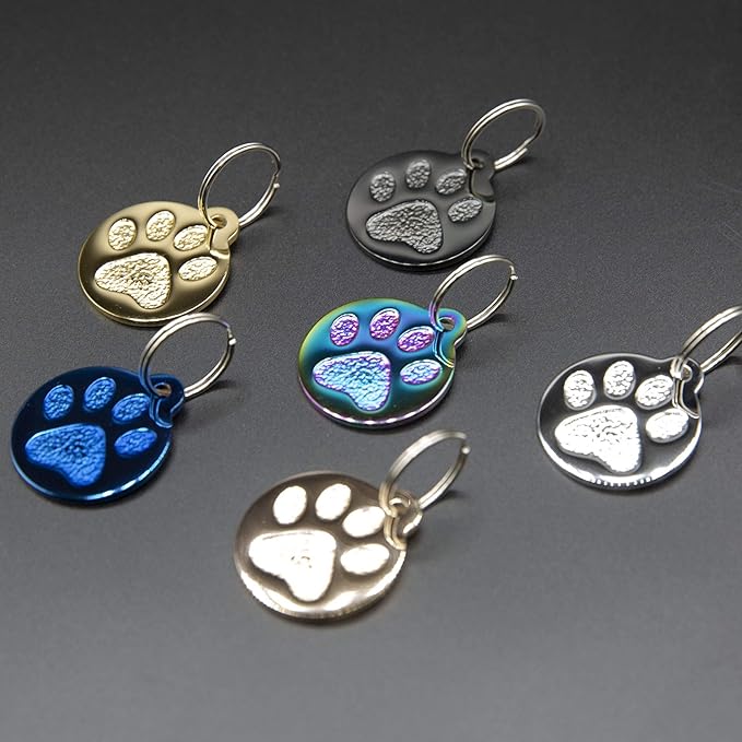 Engraved Pet Tag for Dogs and Cats - Personalized Front & Back up to 4 Lines of Text Custom Engraved ID, Round Paw Print Solid Plating Stainless Steel Silver Regular