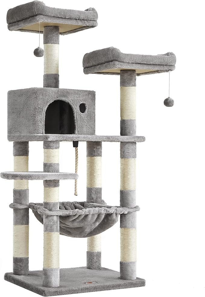 FEANDREA Cat Tree, Cat Tower for Indoor Cats, 56.3-Inch Cat Condo with Scratching Posts, Hammock, Plush Perch, Light Gray UPCT15W