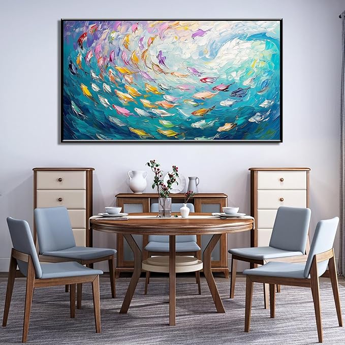 Fish Canvas Wall Art, Abstract School of Fish Canvas Wall Art, School of Fish Painting Canvas, School of Fish Wall Art, Fish Wall Decor, Fish Pictures Wall Decor, Bedroom Canvas Wall Decor (Gold Framed, 48"x27" | 122x68cm)