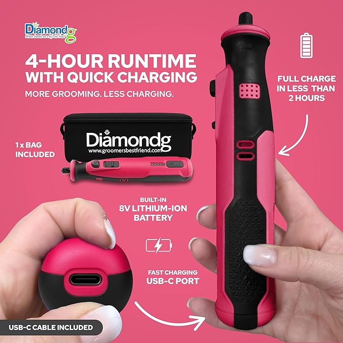 Diamondg Cordless Dog Nail Grinder with Quiet Sound & LED Tip for Large & Small Dogs, 4hrs. Runtime, 2 Bits Included, Pink