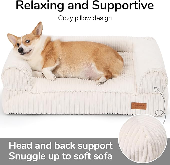 FUKUMARU Cute Dog Bed, Fluffy Pet Bed with TPU Layer Keeping Lining Dry, Dog Couch Medium Size Dogs Easy to Care, Warm Cat Bed with Removable Zipper Cover, 36inch, Large, Cream