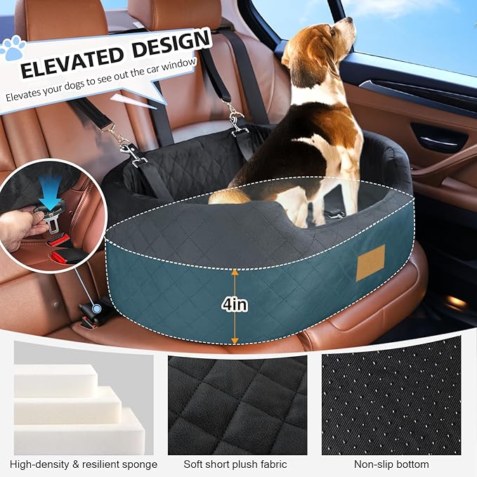 Dog Car Seat for Medium Dogs Up to 50 lbs, Pet Booster Seat for Cars SUVs and Trucks, Travel Dog Bed with Safety Strap, Thick Cushion, Non-Slip Base, Washable and Portable (Black)