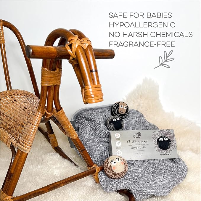 Fluff Ewes Wool Dryer Balls 3 Pack Premium New Zealand Wool Laundry Balls for Dryer, No Static Dryer Balls Laundry Reusable Cute - XL Wool Dryer Balls Cute, Baby Dryer Balls for Dryers - Darks