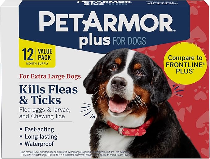 PetArmor Plus Flea and Tick Prevention for Dogs, Dog Flea and Tick Treatment, 12 Doses, Waterproof Topical, Fast Acting, X-Large Dogs (89-132 lbs)