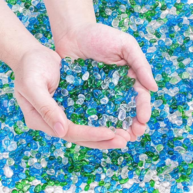 Keedolla Aquarium Glass Pebbles Stones Fish Tank Rocks Gravel, Green Mix Glass Gemstones Fish Bowl Rocks for Vase Fillers, DIY Crafts, Home Decor - 15 Oz, 6-9mm