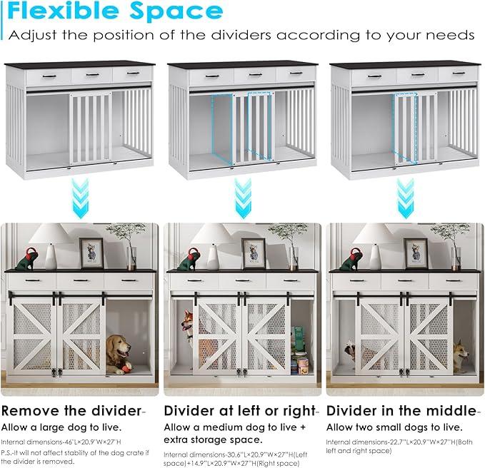 48'' Dog Crate Furniture with Divider&Storage Drawers, Wooden Double Dog Kennel Furniture End Table with Sliding Barn Doors, White Double Dog Crate TV Stand