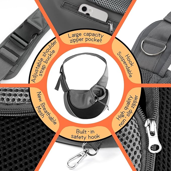 YUDODO Pet Sling Carrier for Small Dogs & Cats – Hands-Free Puppy Carrier with Safety Hook, Large Zipper Pocket, Soft Breathable Mesh, Adjustable Strap & Reflective Strip (Black 1.0 S)