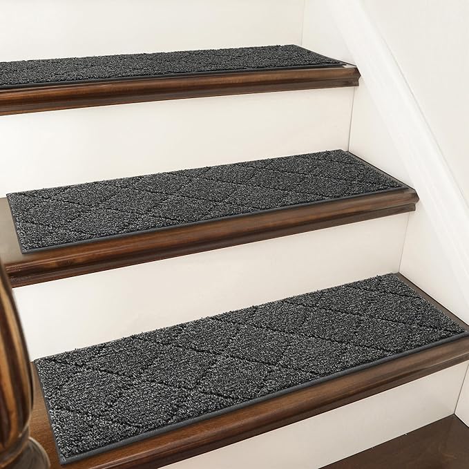 COSY HOMEER Edging Stair Treads Non-Slip Carpet Mat 28inX9in Indoor Stair Runners for Wooden Steps, Edging Stair Rugs for Kids and Dogs, 100% Polyester TPE Backing (7pc, Black,)
