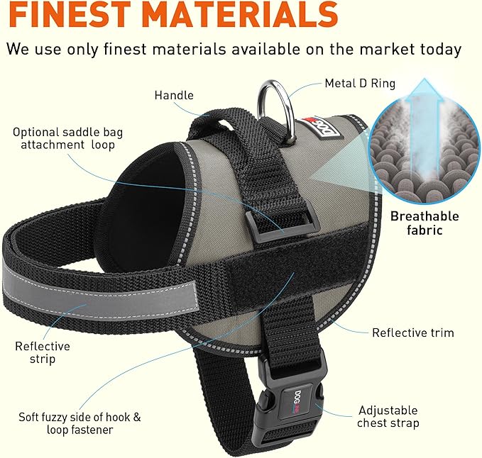 Dogline Dog Harness, Reflective No-Pull Adjustable Vest with Handle for Walking, Training, Breathable, No - Choke Harness for Small, Medium or Large Dogs Room for Patches Girth 15 to 18 in Grey
