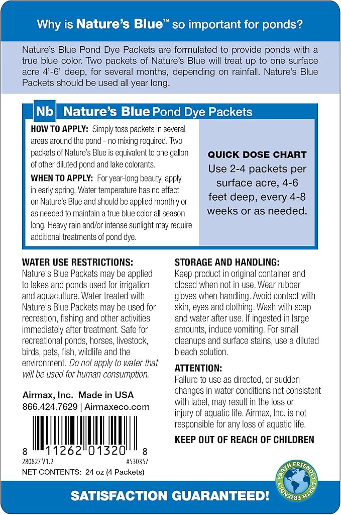 Airmax Pond Dye Packets Natures Blue Colorant for Large Pond & Lake, Beneficial UV Blocking Color Concentrate, Maintain Clean & Clear Water, Fish, Bird & Animal Safe, 4 Soluble Packets