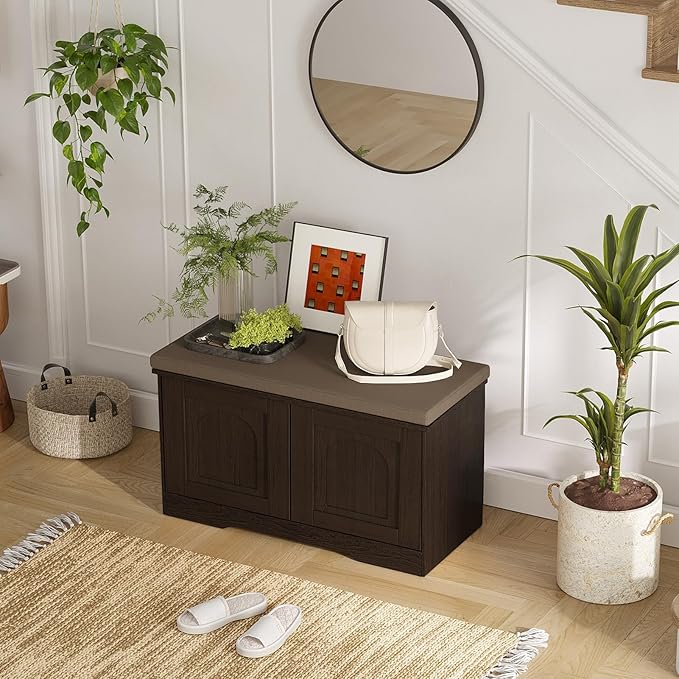 DINZI LVJ Shoe Bench, Entryway Storage Bench with Doors, Cushion, 2-Tier Shoe Rack with 6-Cubby, 31.5”L x 13.8”W Shoe Organizer Cabinet, Adjustable Shelf, Living Room, Bedroom, Espresso