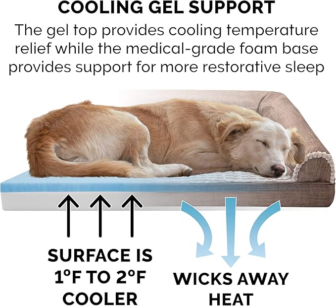 Furhaven Cooling Gel Dog Bed for Medium/Small Dogs w/ Removable Bolsters & Washable Cover, For Dogs Up to 35 lbs - Luxe Faux Fur & Performance Linen Sofa - Woodsmoke, Medium