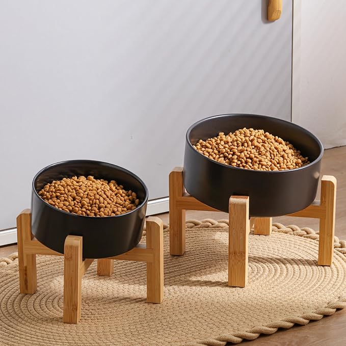 Black Elevated/Raised 15°Tilted Anti Slip Ceramic Dog Bowl for Medium & Large Breeds,Slanted Bulldog Big Face Pet Feeding Food Water Dish Stand for Dogs (7.6 Cups/60OZ)