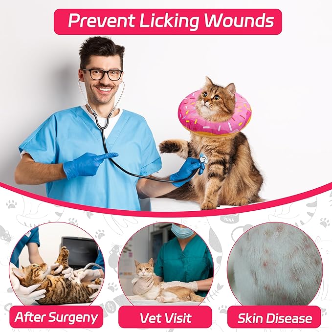 Cat Cone Soft Collar, Adjustable Cat Recovery Collars Kitten Cones to Stop Licking, Cute Donut E Collar After Surgery, Elizabethan Healing Protective Cones After Spay (Donut Pink, Large)