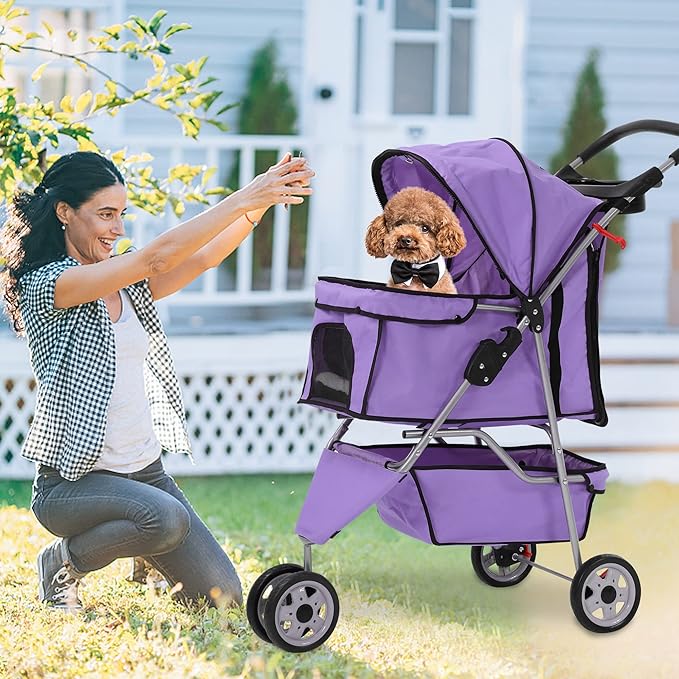 Dog Stroller,3 Wheels Travel Folding Pet Strollers for Small Medium Dog Cat Jogger Stroller with Storage Basket Removable Liner Purple