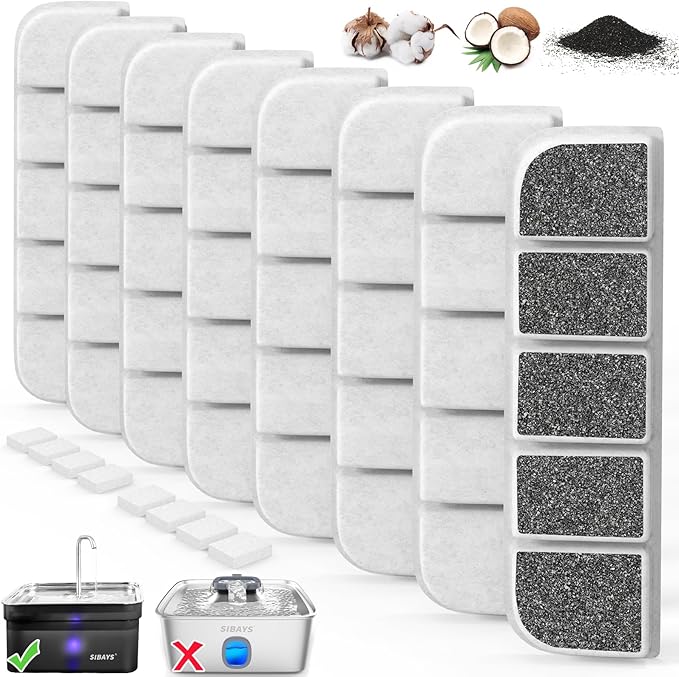 8 Pack Replacement Filters and 8 Pack Pump Sponges for SIBAYS 355oz/2.8Gal/10.5L Large Dog Water Fountain(FS70), Made of Coconut Shell Activated Carbon and PP Cotton, Food Grade Water Fountain Filters