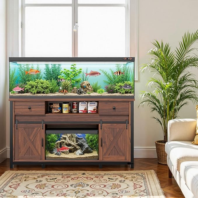 Miereirl 75-120 Gallon Fish Tank Stand with Power Outlet – Heavy Duty Aquarium Stand, Rustic Farmhouse Style, 1000 lb Capacity, Adjustable Storage & Sliding Barn Doors, Light Brown