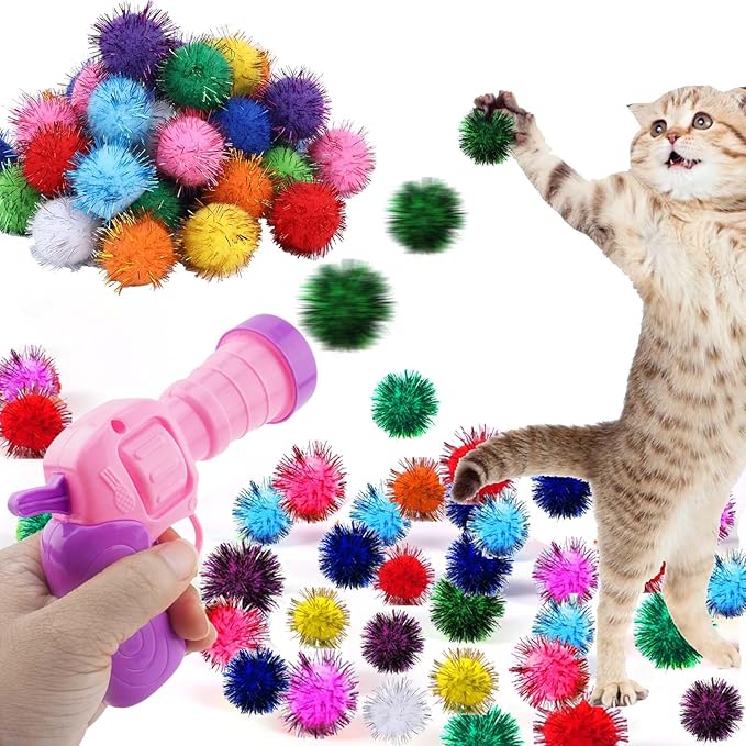 Dorhui Cat Toy Balls with Launchers Set, 30 Pcs Sparkle Pom Ball for Cat,Cat Enrichment Toys,cat Toys for Indoor Cats, Interactive Glitter Pom Ball for Kitty Gifts