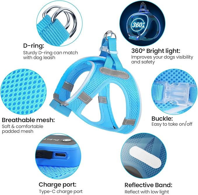 PceoTllar Light Up Dog Harness, LED No Pull Reflective Dog Harness, Flashing Lighted for Night Walking - Small/Medium, (Blue XS)