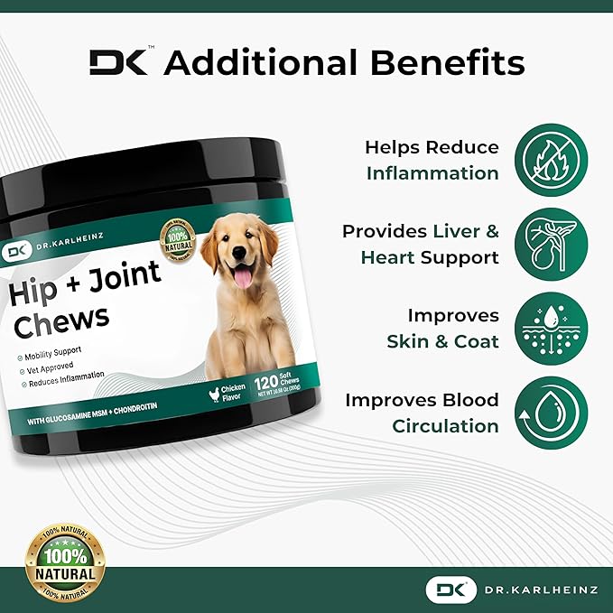 Glucosamine for Dogs - Max Strength Hip and Joint Supplement for Dogs - MSM, Chondroitin, Hemp Oil, Turmeric - Mobility Support and Pain Relief - 120 Chewable Tablets (Chicken Flavor)