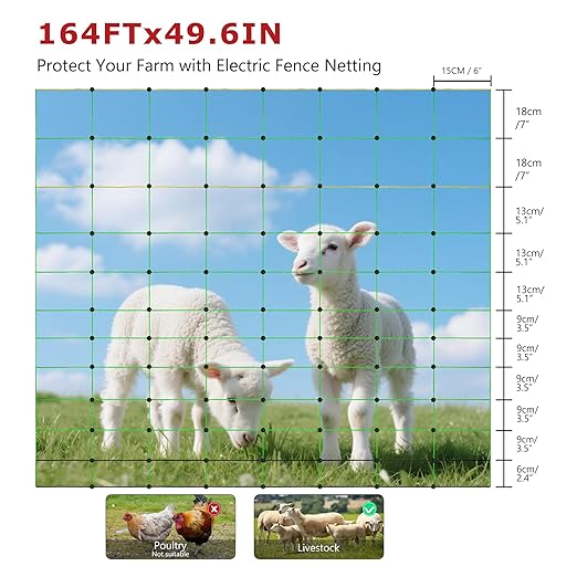 Electric Fence Netting, 49.6" H x 164'L, Electric Poultry Fence, Net Fencing Kit, Movable Livestock Nets for Yard,Backyards,Farms,Ranches, Energizer Not Included