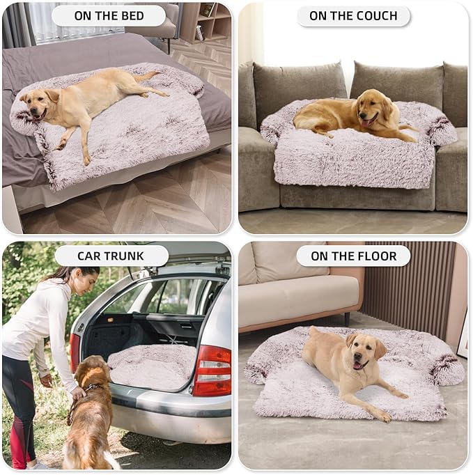 GGIB Calming Dog Bed Fluffy Plush Dog Mat for Furniture Protector with Removable Washable Cover for Large Medium Small Dogs and Cats (Extra Large (53x39.3x6), Rust White)