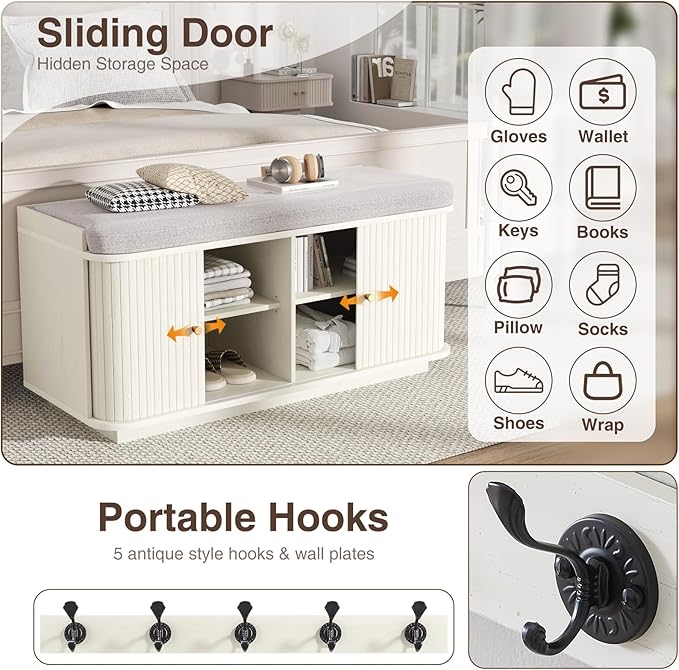 Cream White 39.4" W 2-Tier Shoe Bench with Storage | Entryway Bench with Padded Cushion, Sliding Doors & 5 Hooks