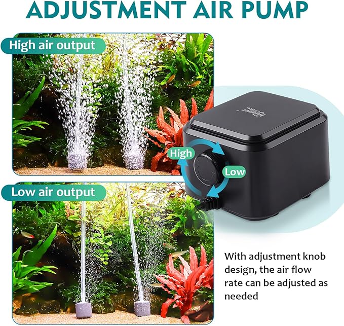 hygger Quietest Aquarium Air Pump, Adjustable Oxygen Pump 2 Air Outlets Ultra Silent Powerful Aerator Pump (3.5W,Up to 120Gallon)