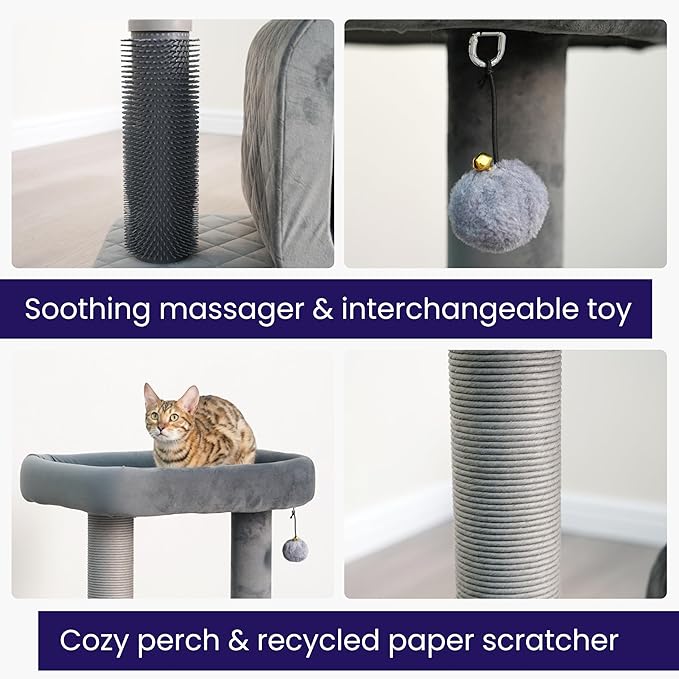 Catry 30" High 3 Level Modern Cat Tree with Large Base Condo,Removable Washable Top Bed, Recycled Paper Scratching Post, Self Grooming Brush, for Small Medium Cat(Dim Gray)