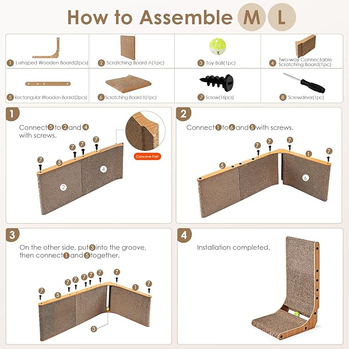 EHEYCIGA Cardboard Cat Scratcher for Indoor Kitten Cats, 19 Inch L Shaped Vertical Cat Scratching Board with Ball Cat Toy, Small Cat Scratcher Pad, White