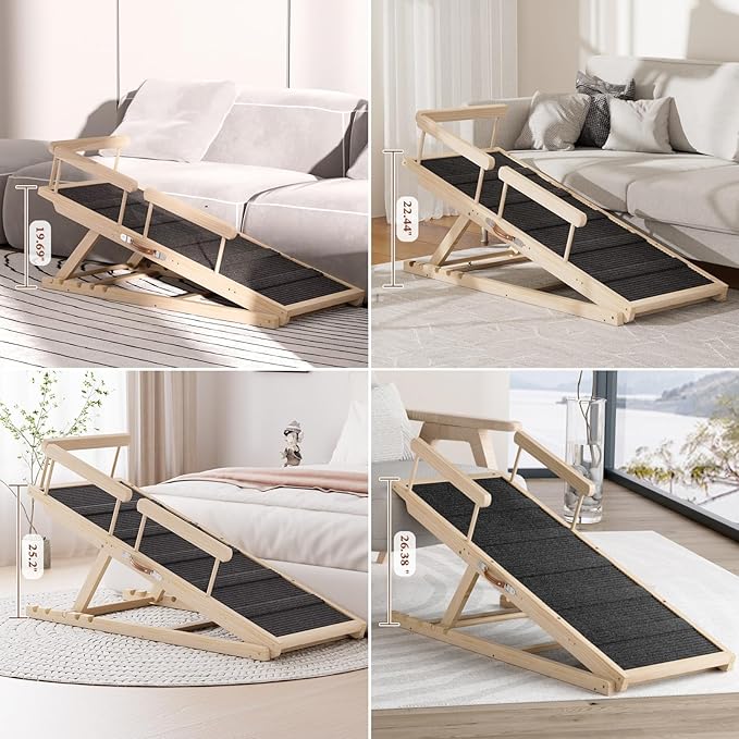 Dog Ramp for High Bed, Couch, Car, Pet Ramps 55.12" Long Adjustable 19.7"-27.6" Wooden Dog Step with High Traction Mat & Safety Side Rails for Small Medium Large Older Pets, up to 250 lbs