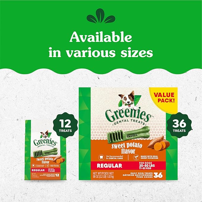 Greenies Regular Dental Dog Treats, Sweet Potato Flavor, 12 oz. Pack (12 Treats)