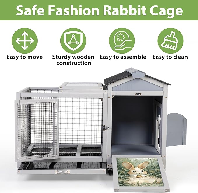 COZIWOW 38.5inches Durable Wooden Rabbit Cage Indoor，Wide Space Small Animal House with Removable Tray&Safety Lock，Rubbit Hutch with Waterproof Roof&Solar Panels (Grey with Pattern)