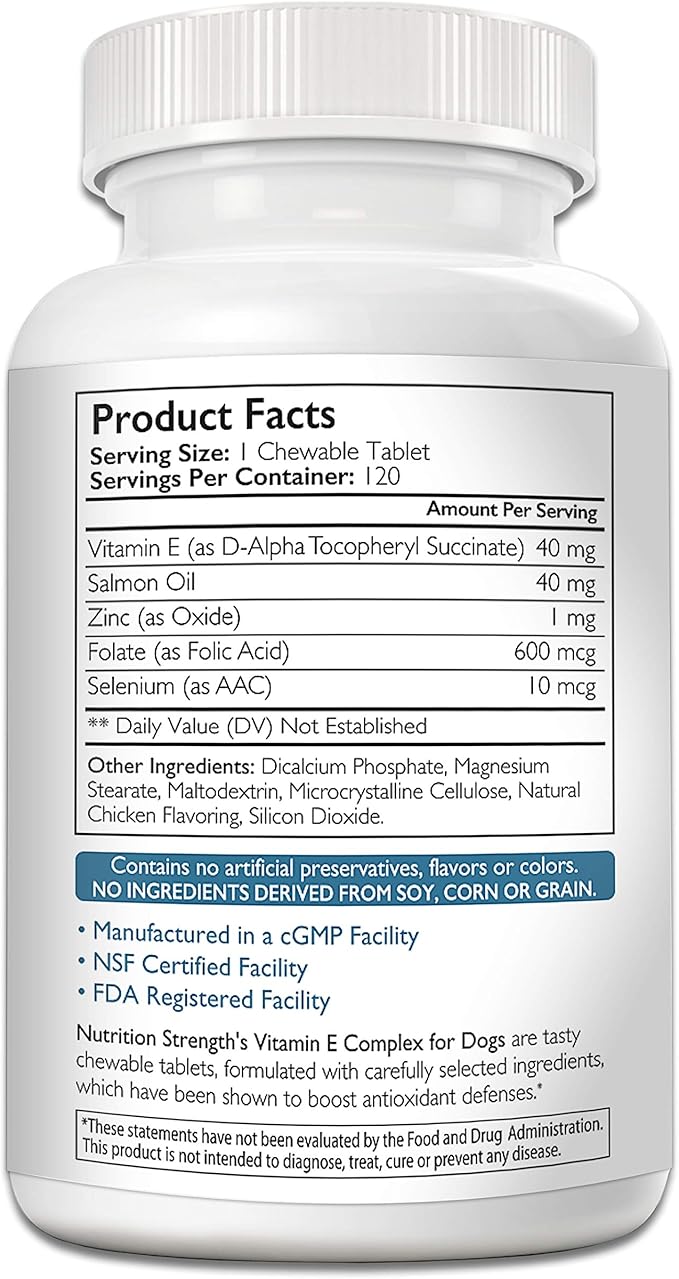 Vitamin E for Dogs, Promote Cardiovascular Health, Support Cell Membranes, Vitamin E Complex to Boost Dog Immune System Plus Zinc, Selenium, Folate, Salmon Oil, 120 Chewable Tablets