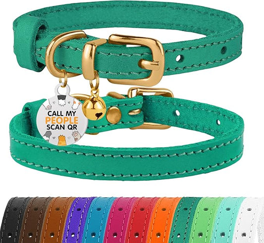 BRONZEDOG Leather Cat Collar with Removable Bells Non Breakaway Kitten QR Tag for Girl Boy (7" - 9" for Cats, Green & Gold)