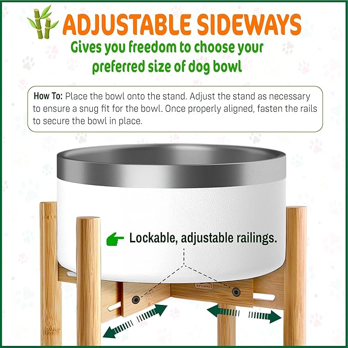 Dog Bowl Stand for Medium Breeds - Raises Bowls to 9-inch High, Ants/Bugs-Off - Adjustable, Fits Various Sizes of Dog Food/Water Bowls and Slow Feeders - Bamboo