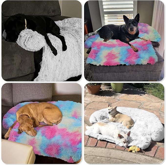 GGIB Calming Dog Bed Fluffy Plush Dog Mat for Furniture Protector with Removable Washable Cover for Large Medium Small Dogs and Cats (Large, Rainbow)