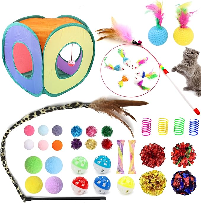 42pcs Interactive Cat Toys Kit - Multi-Activity Kitten Toy Set with Collapsible Tunnel, Feather Wand & Bell, Cat Balls Toys - Indoor Play Enrichment Supplies for Adult Cats & Kittens