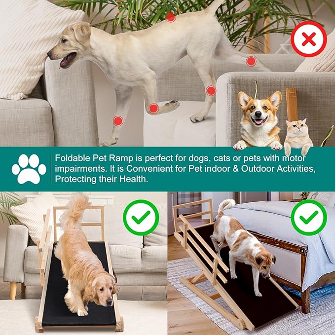 Dog Ramp for Bed, Adjustable Pet Ramps for Dog to Get on Bed, Non-Slip Rubber Surface - Folding Wooden Dog Ramp for Small/Large/Old Dogs, Adjustable up to 23.5 inch High Beds, Safety Railings