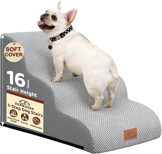 Dog Ramp and Stair for Bed 16" H-20 H,3-Step Cat Stair for Sofa and Chair,4-Step Dog Ramp for High Bed and Window,Durable Nonslip Fabric Cover for Indoor (Light Grey-16 H, Pet Friendly, 3)