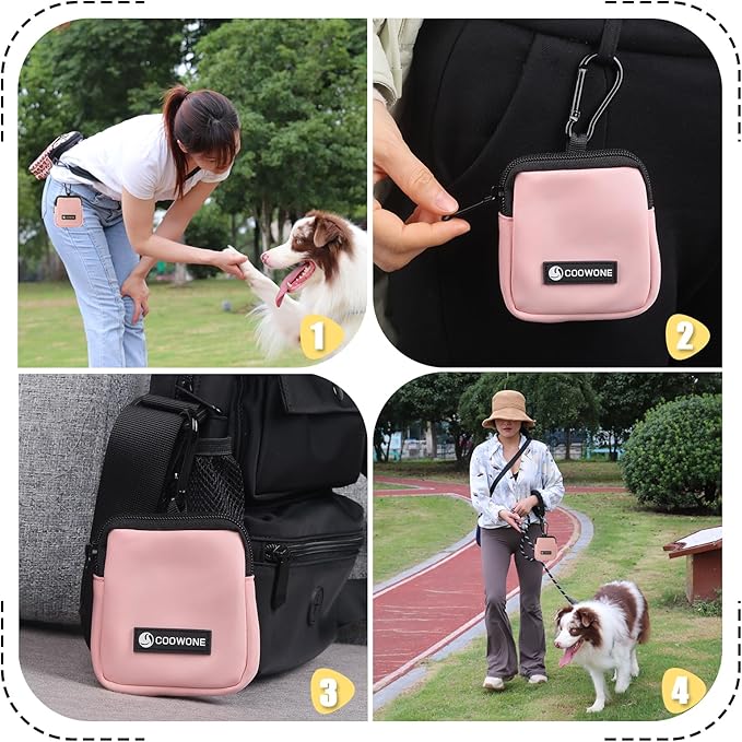 Dog Treat Pouch 2 PCS, Waterproof Small Dog Treat Bag for Leash, Hands Free Dog Walking Bag with Carabiner, Dog Poop Bag Holder for Pet Puppy Travel or Outdoor Use, Zipper Closure to Avoid Spilling