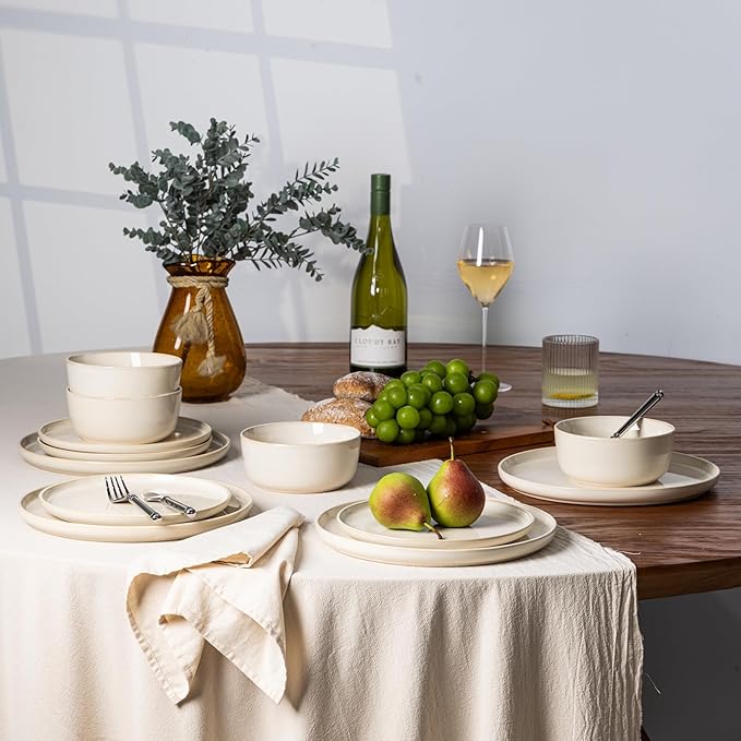 GBHOME Ceramic Dinnerware Sets for 4, 12 Pieces Stoneware Plates and Bowls Sets, Scratch Resistant Dishes, Dishwasher & Microwave Safe, Reactive Glaze-Vanilla color