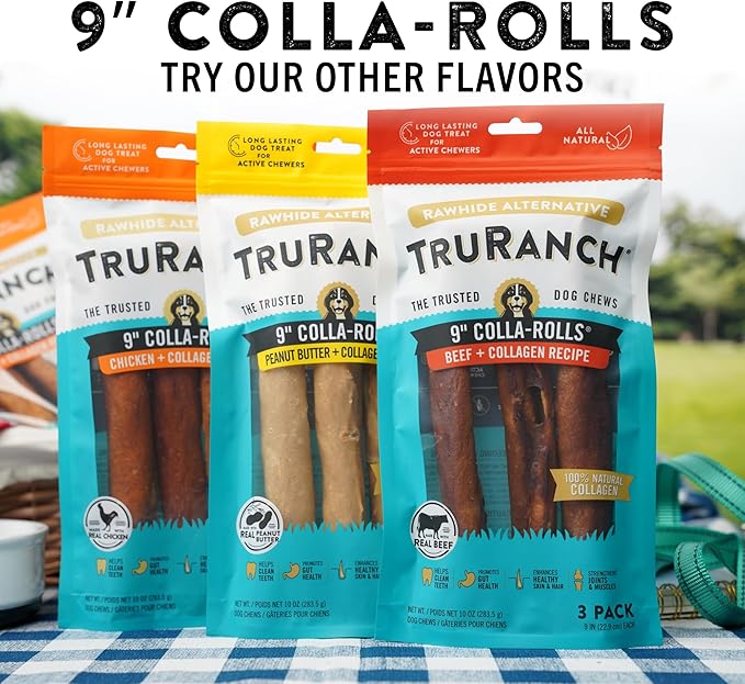 Collagen Rolls - 9" Collagen Rolls for Dogs - Long Lasting Healthy Joint Support - Rawhide Alternative - Skin & Coat Health - Made with Real Beef, Value Pack, 15 Bags, 45 Count