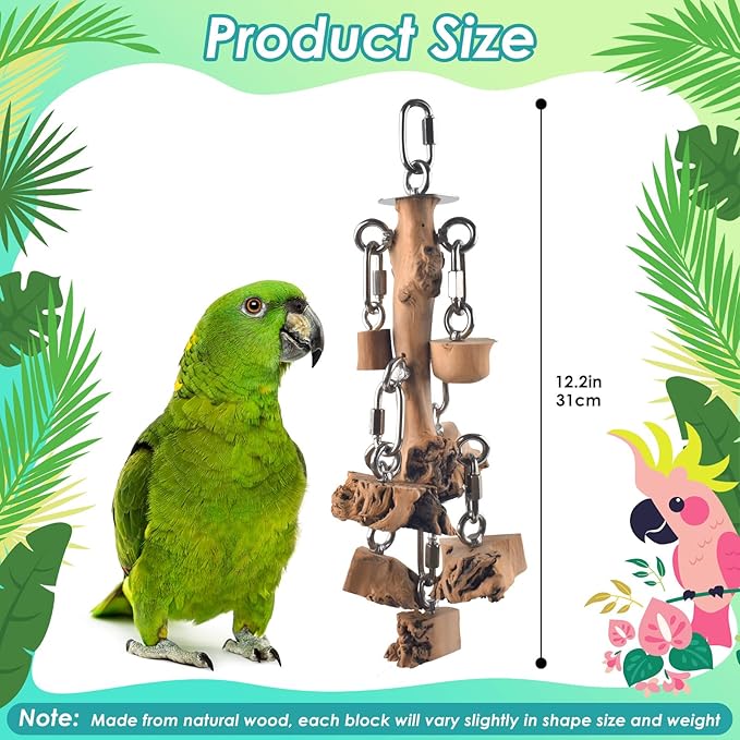 Bird Toys for Parrots, Durable Wooden Large Birds Toy with Stainless Steel, Hanging Natural Chew Hardwood Blocks for Macaws, African Greys, Amazon Parrot, Cockatoos and Small Medium Parakeets