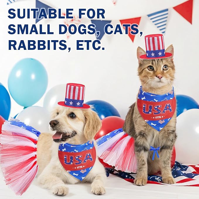 SCENEREAL 4th of July Dog Bandana Dress with Hat Set, Independence Dog Costume for Small Sized Dogs, Cute Tutu Skirt Outfit for Party