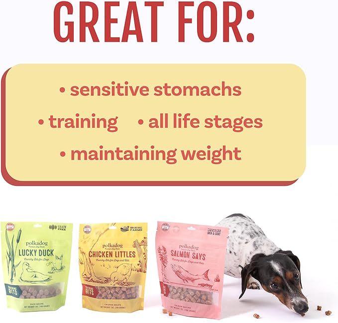 Polkadog Crunchy Training Bits Variety 3-Pack – Includes Chicken Littles, Lucky Duck, Salmon Says – All Natural Training Treats, Handcrafted in USA. Great for Dogs with Allergies – 7oz (Pack of 3)