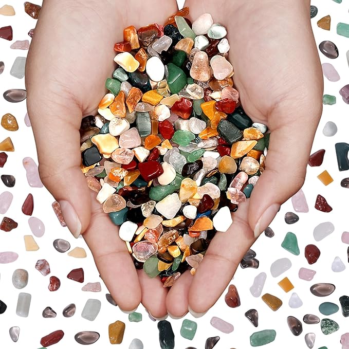 Mixed Crushed Crystal Chips Bulk 1lb 1200+Pcs Assorted Tumbled Stone Chips Natural Polished Mixed Chakra Aquarium Gravel Rocks for Plants Terrarium Supplies Fish Tank Gravel Pebbles Vase Filler