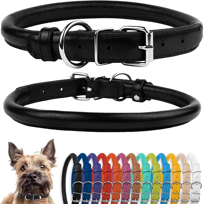CollarDirect Rolled Leather Dog Collar, Soft Padded Round Puppy Collar, Handmade Genuine Leather Collar Dog Small Large Cat Collars 13 Colors (6-7 Inch, Black Textured)