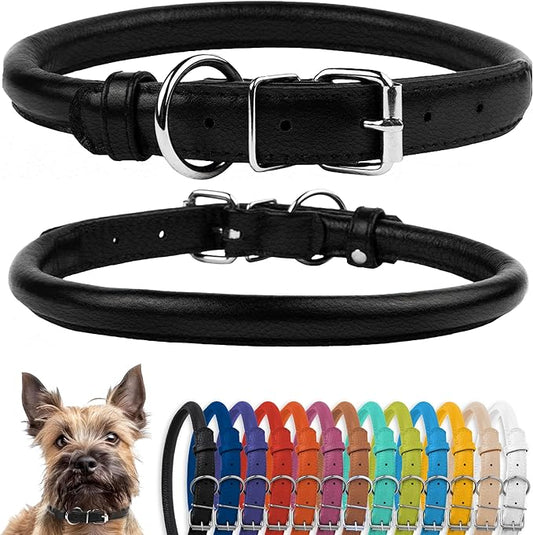 CollarDirect Rolled Leather Dog Collar, Soft Padded Round Puppy Collar, Handmade Genuine Leather Collar Dog Small Large Cat Collars 13 Colors (6-7 Inch, Black Textured)